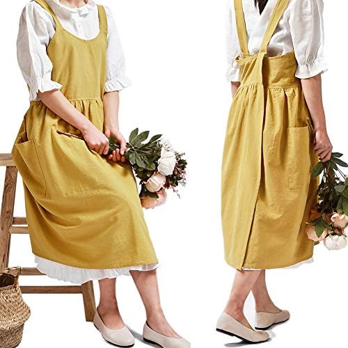 NEWGEM Cotton Linen Cross Back Apron for Women with Pockets for C...