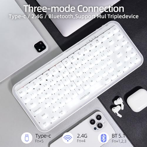 Image of CoolKiller Balloon 84 Low Profile Keyboard, Tri-Mode (Bluetooth /2.4GHz /USB-C), Hot-Swappable, White Backlit, Gasket Mount, White Mechanical Keyboard for Windows & Mac