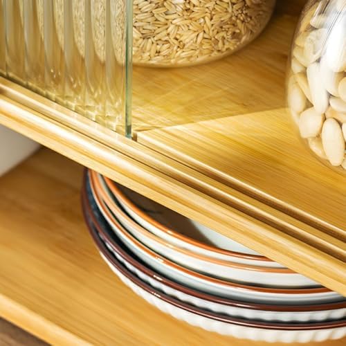 Natural Bamboo Sideboard Credenza with Glass Doors - Japanese-Style Kitchen Storage Cabinet, 26" L x 11" W x 13" H, Perfect for Coffee & Tea Set Display, Includes Natural Shelves