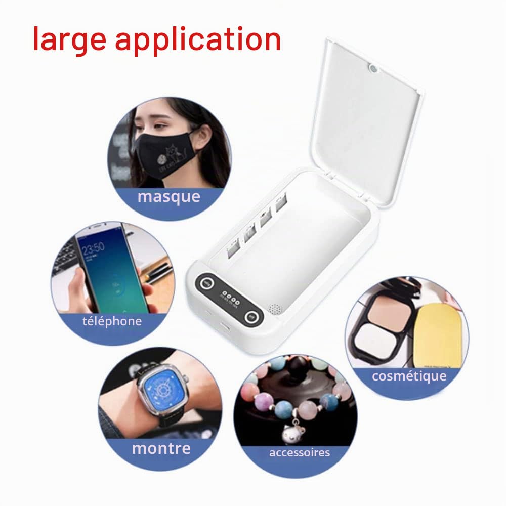 Boîte de désinfection UV pour téléphone avec chargeur sans fil, tue les bactéries et les virus, port de charge USB, pour téléphone, masques, bijoux