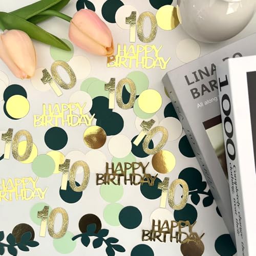 Image of Sage Green 10th Happy Birthday Confetti, 10th Birthday Table Decorations Scatter Green Gold Foil Cake Confetti Decorations for 10 Bday Boys Girls Party Decor 230 Pcs
