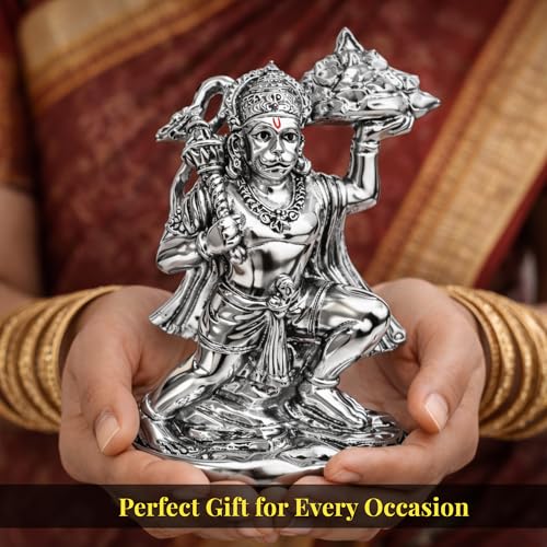 Image of Silver Plated Standing Hanuman Idol - 5.5 Inch Divine Bajrangbali Statue Holding Dronagiri Mountain for Home Mandir and Office - Auspicious Vastu Decor and Spiritual Gift