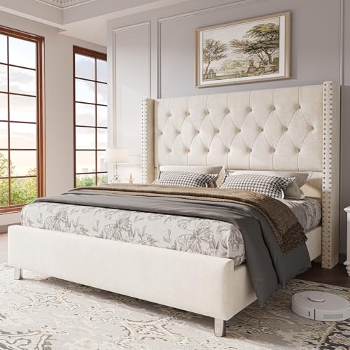 Jocisland Queen Bed Frame Upholstered Bed Wingback Headboard Velvet Tufted Diamond Button/No Box Spring Needed/Easy Assembly/Cream
