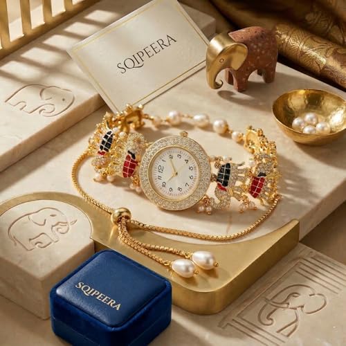 Image of Kashmiri Watch for Women | Gold Tone Round Dial | Crystal Studded Floral Design | Adjustable Chain Traditional Ethnic Jewellery Gift