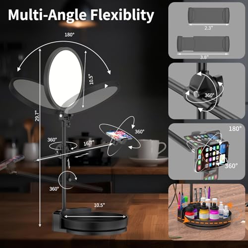 Image of Desk Ring Light with Stand,55W Dimmable Full Screen Ring Light,with Rotating Storage Box,Pen Holder Stand,Phone Holder&Controller (Black-RGB, 10.5)