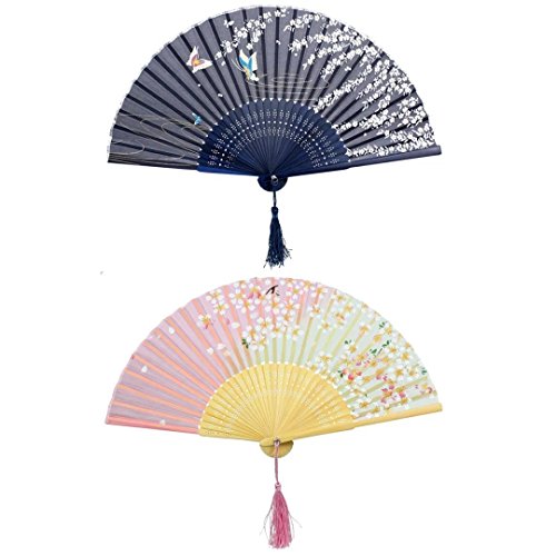 JZK 2 x Abanicos plegables portátil abanico de mano de bambú con borlas para Invitados boda fiesta regalo recuerdo detalle regalo cumpleaños, baile arte y decoración pared casa