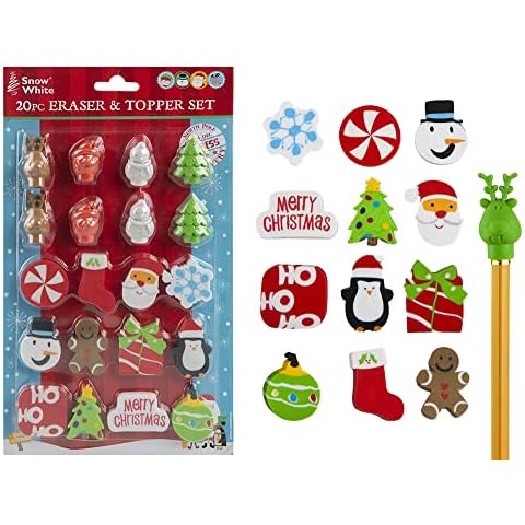 Immerse Creations (20-Pack) Christmas Eraser Toppers for Pencils Christmas Gifts & Stationary Supplies for Kids Fun, Festive, Stationary Cover