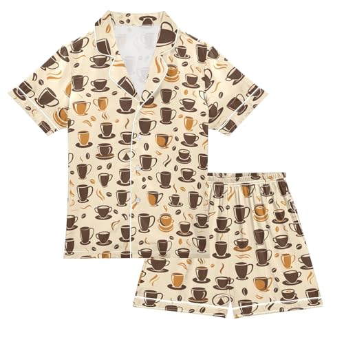 ALAZA Funny Coffee Bean Satin Pajamas Set Short Sleeve Button Down Sleepwear Summer Pjs 2 Piece