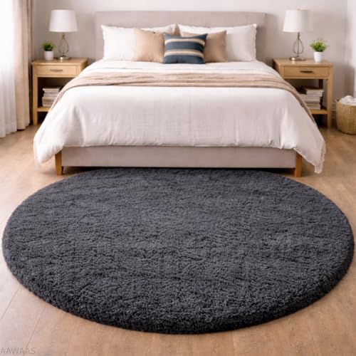 Image of Premium Polyester Shaggy Round Rug - Ultra Soft Fluffy Circle Carpet for Bedroom, Living Room, Kids Room, Anti-Skid Plush Floor Rug - (Dark Grey, 6 feet|180cm)