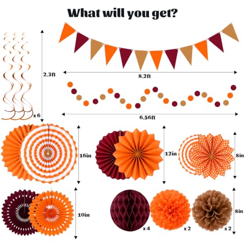 Image of 24 Pcs Fall Party Decorations, Burgundy Orange Paper Fans and Pom Poms Set