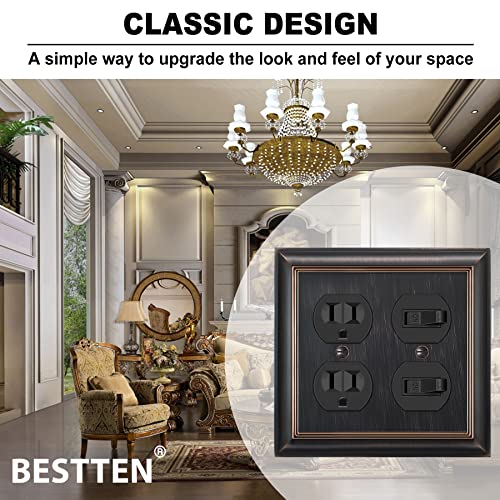 [2 Pack] Bestten Oil Rubbed Bronze Zinc Alloy 2 Gang Duplex Wall Plate, Grand Collection Decorative Metal Receptacle Outlet Cover #TOP4