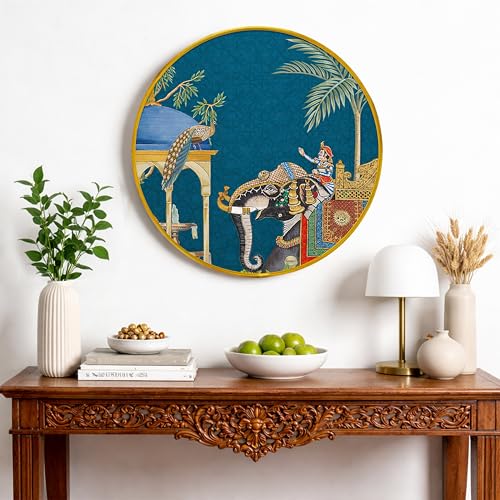 Image of Royal Elephant Mughal Garden Round Framed Wall Art Painting For Living Room | Traditional Indian Rajasthani Arched Jharokha Wall Art Painting With Frame for Home, Bedroom & Office, 16 Inch