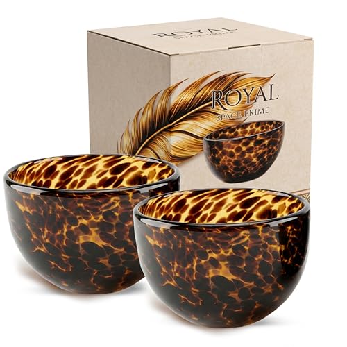 Tortoise Shell Glass Bowls - Set of 2 | Animal Print Bowls for Vanity Serveware and Accessories | 12oz Amber Small Serving Bowls for Nuts and Snacks | Leopard Style Glass Dishes for Home Dcor