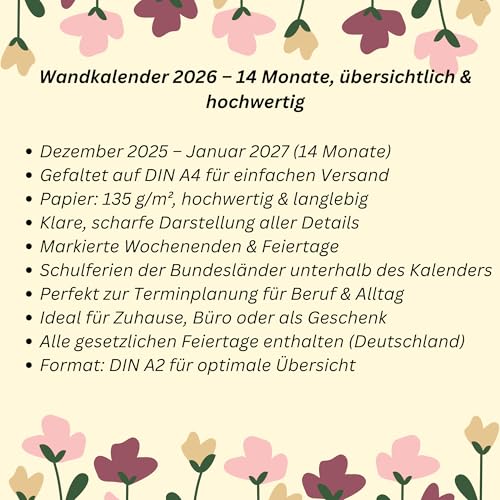 MARZEI24® Din A2 Wandkalender für 2026, 14 Monate, Jahreskalender Monatsübersicht, (59,4 cm x 42 cm),Planer Termine, Büro, Zuhause, Jahresplaner, Monatsplaner, Familienkalender, Kalender gefaltet