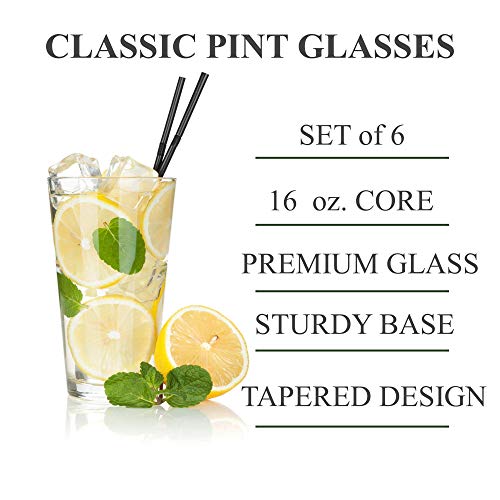 Classic Premium Beer Pint Glasses 16 Ounce – Set Of 6 Highball Cocktail Mixing Glass – Perfect For Cold Beverages, Soda, Water - Used In Bar, Restaurant, Pub #TOP1