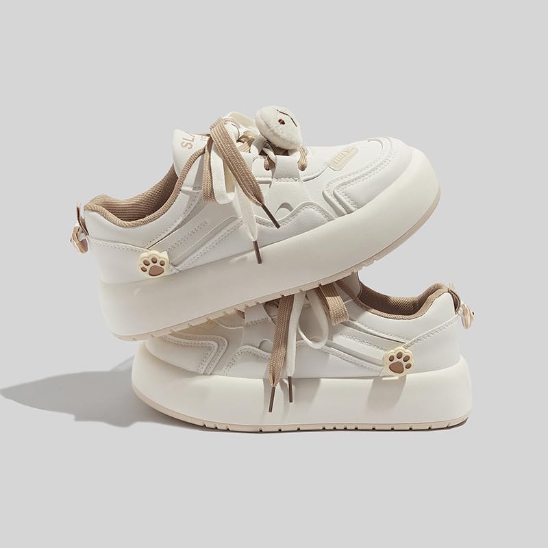 Fish Shoes Walking Sneakers for Women Y2K Platform Khaki White Shoes Soft Comfortable Cute Cartoon Fish Bear Decor Dual Color Laces US4-84