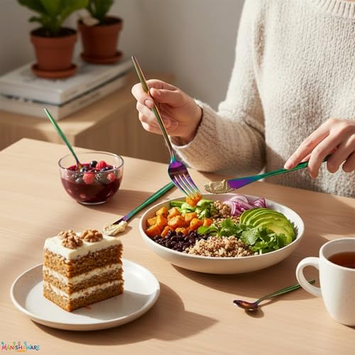 Image of Slim Handle Rainbow 4 Pcs Stainless Steel Cutlery Set for Dining Table, Dishwasher Safe Glossy Flatware (1 Spoon Set + 1 Forks Set + 1 Butter Knife + 1 Dessert Spoon)