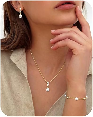 14K Gold Plated Pearl Jewelry Set for Women - 925 Sterling Silver Post Dangle Earrings Dainty Pearl Necklace Bracelet Wedding Jewelry Sets for Bride Bridesmaid CZ Costume Accessories Trendy(Gold)