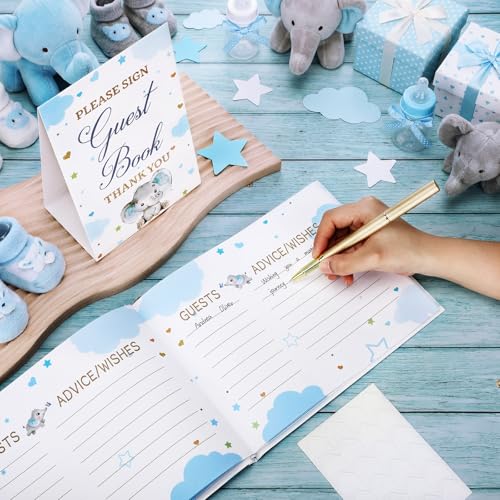 Image of Fuyoooo 27 Pcs Blue Elephant Themed Baby Shower Guest Book Set Baby Shower Sign in Guest Elephant Book Place Table Cards with Gold Pen Adhesive Photo Corner for Birthday Party