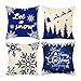 Federe Cuscini Natalizi, 4 Pezzi Fodere per Cuscini in cotone e lino Decorazioni per federe natalizie Fodere per cuscini in Bianco Blu Merry Christmas Cuscini per decorazioni per feste al coperto