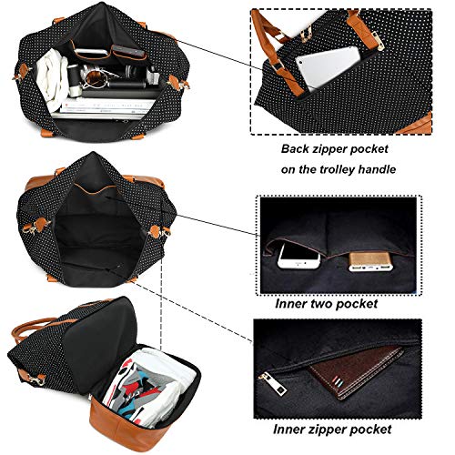 Womens Travel Weekend Bag Canvas Overnight Carry on Shoulder Duffel Beach Tote Bag (Black polka dot with shoe compartment)