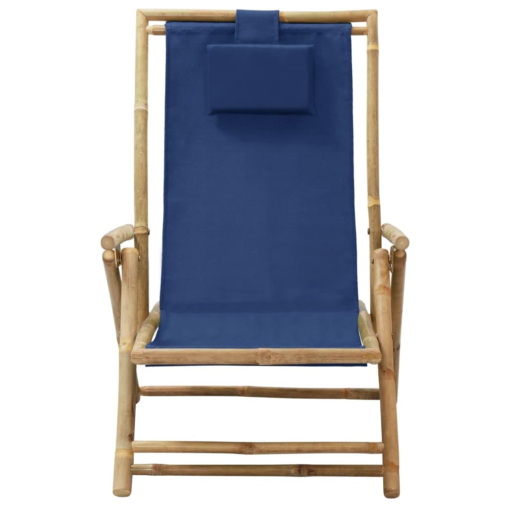 Makastle Fauteuil de Jardin Pliable avec Accoudoirs et Dossier inclinable, Chaise Longue de Jardin Pliante, Relaxation Chaise de Camping Chaise de Plage, 64 x 89 x 71 cm Bleu Marine Bambou et Tissu