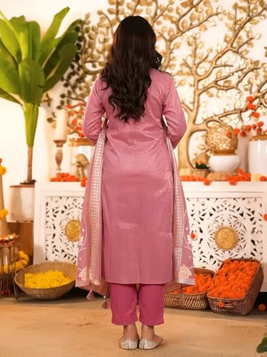 Image of Pinkmint Women Jacquard Silk Ethnic Kurta with Dupatta Suit for Women | Straight Fit Designer Wear with Woven Pattern & Tassel Dupatta | Availble in Plus Size