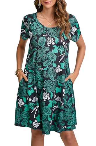 Enmain Vestido Estilo Camiseta para Mujer de Verano de Manga Corta con Bolsillos túnica Vestido Casuales Bohemios hasta la Rodilla para Mujer, Turquesa, 2XL