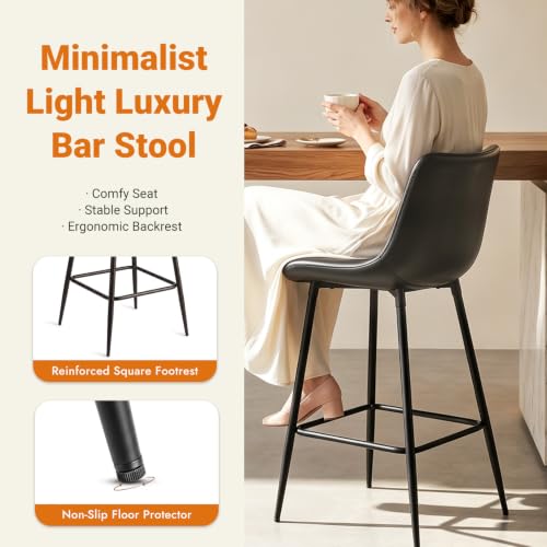 Image of Counter Height Bar Stools Set of 2, FSC Certified Upholstered Faux Leather Barstools with Back, Metal Base, 27 inch Seat Height, Modern Upholstered Counter Stools for Kitchen Island,(Black