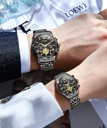 Image of OLEVS Analog Unisex Adult Couple Watch Set His & Her Matching Watches with Luxury Diamond Accents-Two-Tone Silver Strap,Blue Dial Valentine's Day Stainless Steel Original Quartz Watch Lovers Set