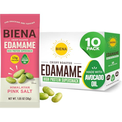 Biena Crispy Roasted Edamame Beans Snack – High Protein Low Carb Snack for Adults & Kids, 13g Protein per Serving - Made w/Avocado Oil – Vegan, Gluten-Free – 10-Pack, 1.05oz Bags, Himalayan Pink Salt
