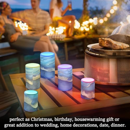 Image of YETTASBIN Blue Marble Flameless Candles with Remote Control and Timer, Adjustable Brightness Long Lasting Battery Operated LED Pillar Candles for Indoor Outdoor Party Holiday Home Decor, 2 Pack