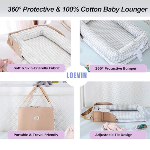 Image of Baby Lounger for Newborn Portable Bag,Baby Nest Play Gym mat with Strap,Newborn Lounger Adjustable Size & Inner Zipper Lengthen Space to 24 Months(Gray Thousand Bird Check)