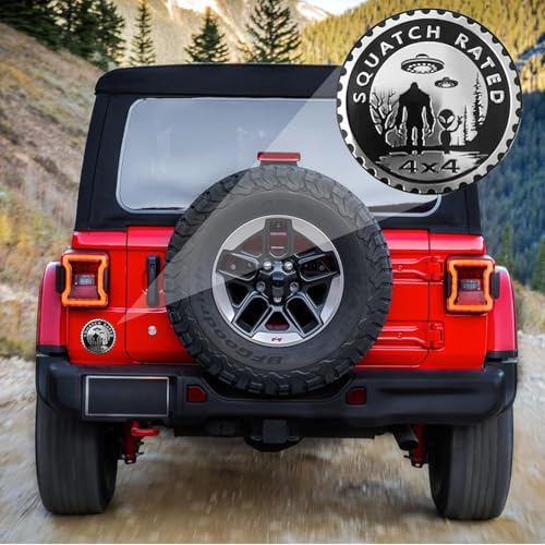 Image of 2Pcs Squatch Aliens Badge Rated Car Emblem, 3D Metal Car Badges 4 x 4 Metal Automotive Bigfoot Badge Emblems Round Emblem Decals Car Badge Decals Stickers Compatible for Jeep Wrangler Vehicles SUV