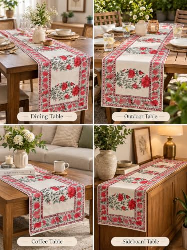 Image of Ravaiyaa - Attitude is Everything Hand Block Printed Cotton Table Runner | Floral Printed Table Runner for Home Decor, Kitchen | 60 x 16 Inch-(Red Lotus)