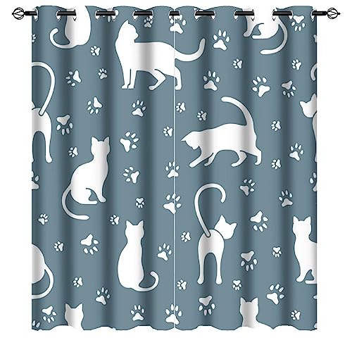 Abstract Cartoon Cat Silhouette Curtains - Funny Minimalist Cute Animals Cat Paws Thermal Insulated Blackout Curtains - Grommet Top Window Treatment Drapes for Bedroom 72L x 31.5W,2 Panels