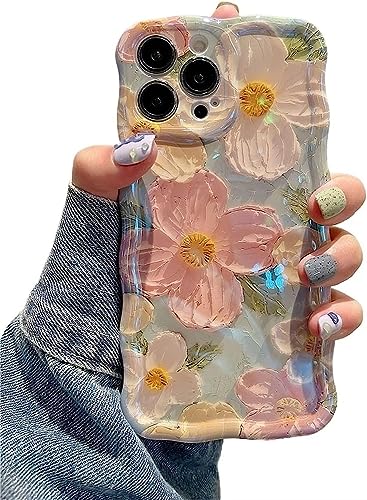 ELEPIK for iPhone 13 Pro Max Case Stylish Floral Oil Painting Design Glossy Finish with Curly Wave Edges Durable TPU Protective & Elegant Cover for Girls Women Green