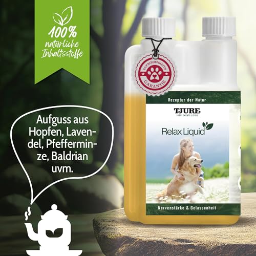 TJURE Relax Liquid für Hunde | 500 ml | Ergänzungsfuttermittel mit Kräuterextrakten | Zur Unterstützung von Ruhe & Ausgeglichenheit | Pflanzliche Rezeptur | Made in Germany