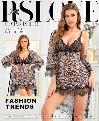 Image of RSLOVE Women Sexy Lingerie Set 3 Piece Babydoll & Lace Kimono Robe Strap Chemise Sleepwear Mesh Nightgown