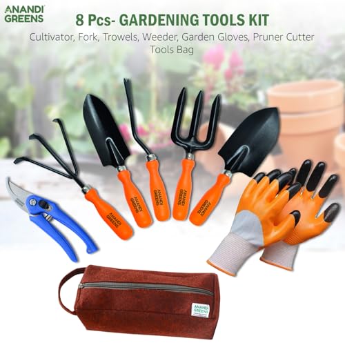 Image of Anandi Green's Metal Agriculture Gardening Tools Kit - 8 Pcs (Cultivator, Fork, Big and Small Trowels, Weeder, Gloves, Pruner Cutter with Tools Bag) Tools Set for Home Indoor and Outdoor Gardening