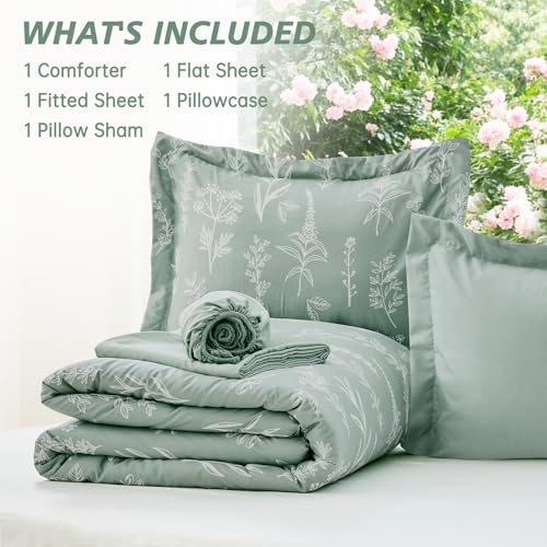 Image of MUXHOMO Sage Green TwinXL Comforter Set, Elegant Floral Print Bed in a Bag 5 Pieces, Ultra Soft & Breathable Reversible Botanical Pattern Bedding Set with Comforter, Sheets, Pillowcase, and Sham