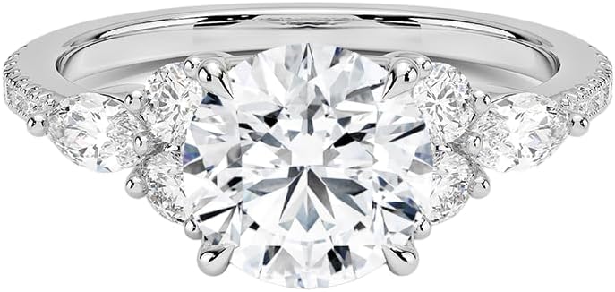 IGI 2.06 Carat White Round Excellent Cut Four Claw Prongs Lab Created Diamond Engagement Ring With Side Marquise and Round Lab Diamonds In 14k Gold