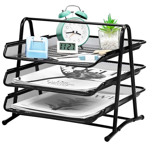 HIHOBDAY 3 Tier Sliding Paper Organiser Mesh Letter Tray Metal Magazine File Desk Storage For Office School Home, Black