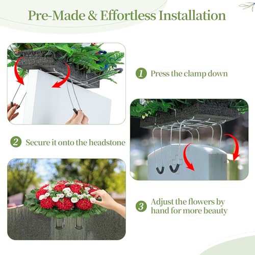 Headstone Flower Saddle for Cemetery: 1 Pc Red Chrysanthemum Artificial Cemetery Saddles for Headstones - Outdoor Grave Decorations image 4