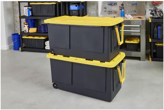 75-Gallon (300-Quarts) Heavy Duty Rolling Stackable Tote with Standard Snap Lid, Black and Yellow, X-Large