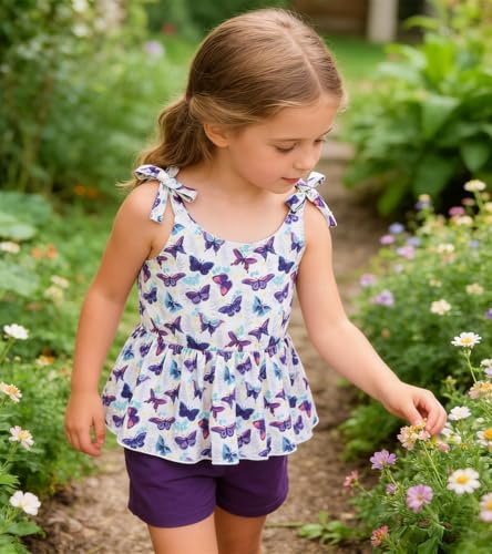 Image of Toddler Girls Clothes Summer Short Set Outfit Tie Knot Shoulder Sleeveless Ruffle Tops and Shorts 2PC Clothing Set