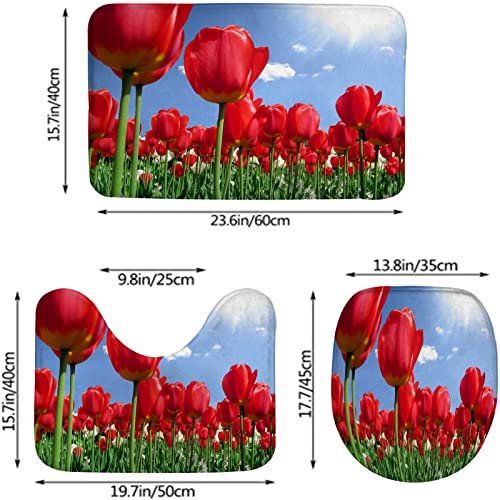 Badezimmerteppich-Set, 3-teilig, Feld mit roten und weißen Tulpen und blauem Himmel, waschbarer Badvorleger, rutschfest, mit Rückenpolster, Konturteppich und Toilettendeckelbezug – Bild 3