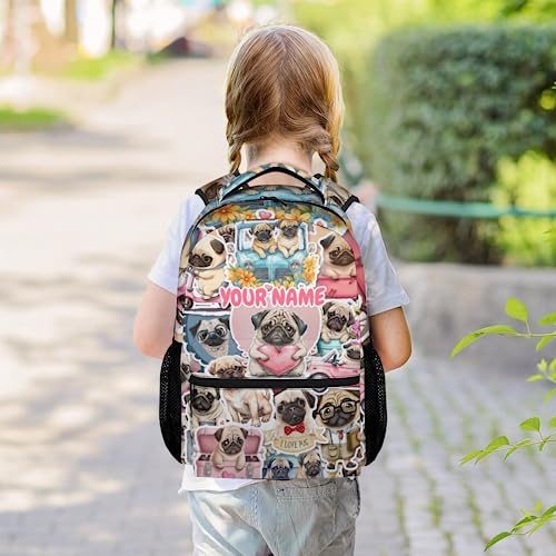 Custom Pug School Backpack for Girls Boys, 16" Puppy Print Black Backpacks for Children Kids Students, Personalized Cute Cartoon Pattern Lightweight Bookbag for Travel2
