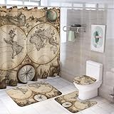 HDESDIS 4Pcs Old World Map Shower Curtain Set with Rugs, Toilet Lid Cover and Bath Mat, Traditional Compass City Background Bathroom Curtains Decor Shower Curtains, 72' x 72'