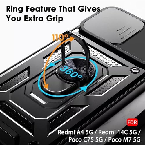 Image of Luxe Back Cover for Poco M7 5G / Redmi 14C 5G / Redmi A4 5G / Poco C75 5G | D10 Tough Armor Case | Sliding Camera Shield | 360 Protection | Kickstand Ring Holder | Military-Grade Shockproof